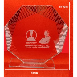 Placa de cristal 18'5x18cm octogonal con rayas espejo, grabada en láser personalizable